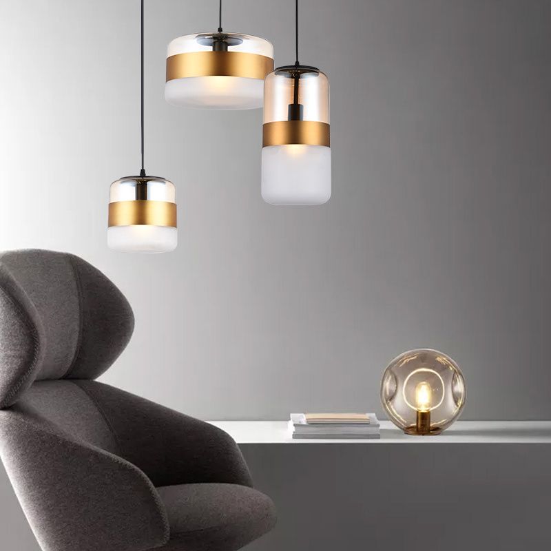 Gold Cylindrical Hanging Ceiling Light Minimalist Style Glass Ceiling Pendant Light