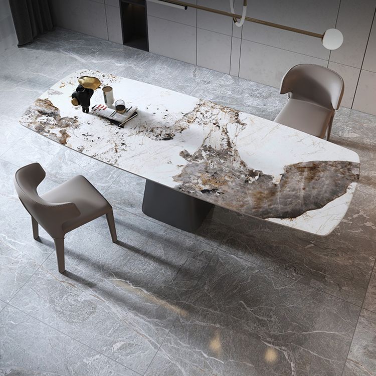 Mesa de comedor rectangular de lujo tradicional de metal, mesa superior de piedra sinterizada con base de pedestal
