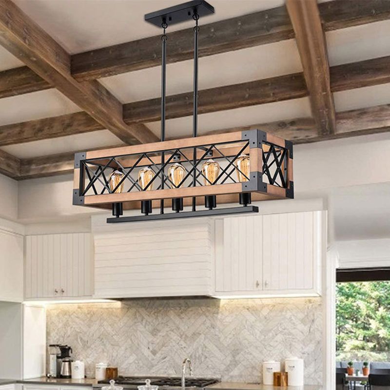 Bois + Iron Cage 5 Light Island Light Industrial Style Hanging Lighting Forment pour Restaurant Cafe Shop