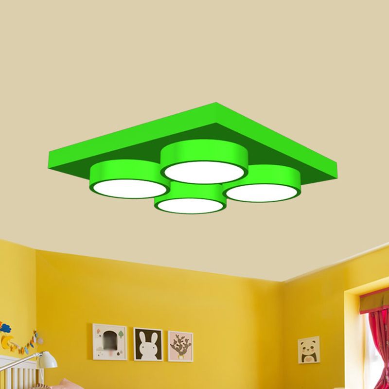 Kids Building Block Flush Mount Fixture Metal 16"/19.5"/23.5" W LED Nursery Ceiling Lamp in Red/Green, White Light