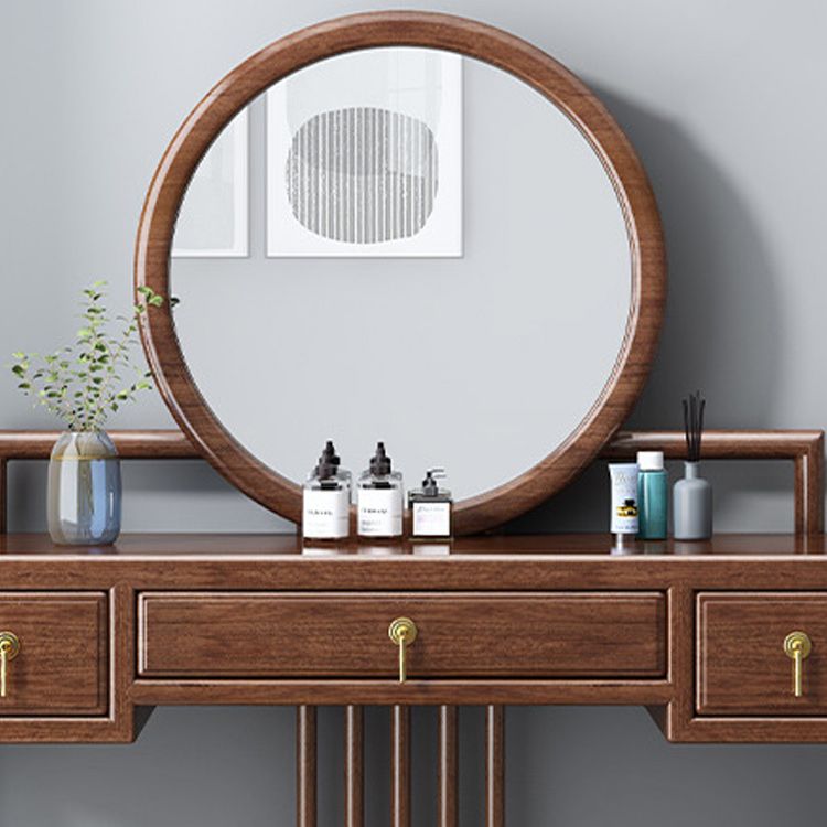 Traditional 3 Drawers Walnut Wood Mirrored Makeup Table Desk Vanity in Brown