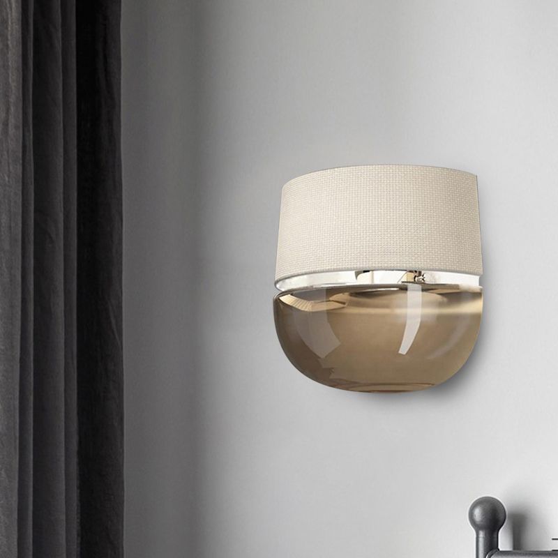 Modern Arched Wall Sconce Grid Pattern Fabric 1-Light Bedside Wall Mount Fixture in White with Bowl Tan Glass Bottom