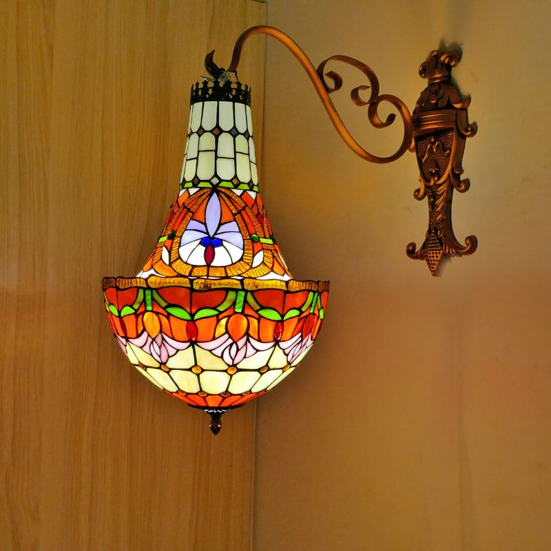 3 Lights Wall Light Fixture Mediterranean Flower Stained Glass Sconce in Beige/Yellow/Orange for Living Room
