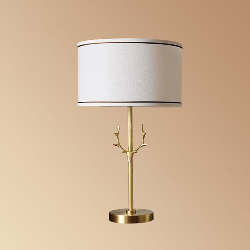 Fabric Drum Table Lamp Simplicity 1 Bulb Bedside Nightstand Light with Antler Decor in White