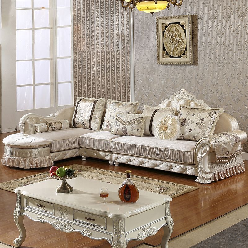 Traditional Wooden 4-Seater Sofa Chaise Flared Arm Sofa with Pillows