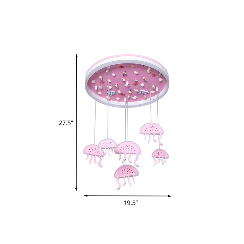 Kids Halo Ring Acrylic Flush Light LED Ceiling Mounted Lighting in Pink with Jellyfish Pendant and Seashell Decor