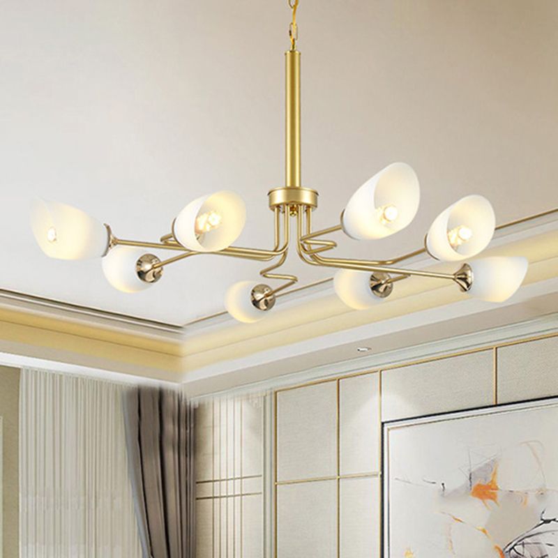 8 Lights Pendant Light Traditional Oval Frosted Glass Hanging Chandelier in Brass for Living Room