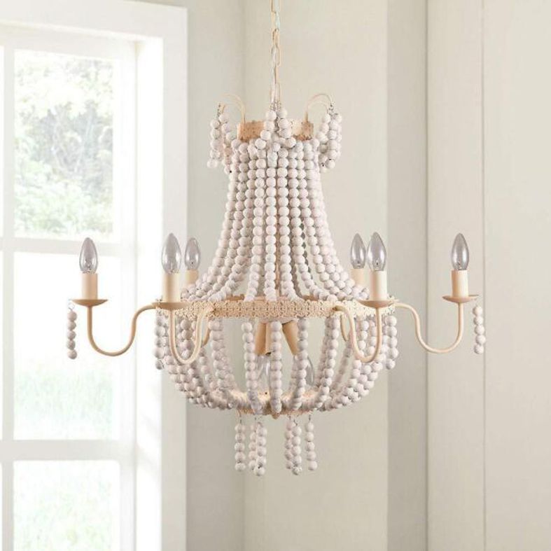Distressed White Beaded Chandelier Country Style Wooden Living Room Pendant Light