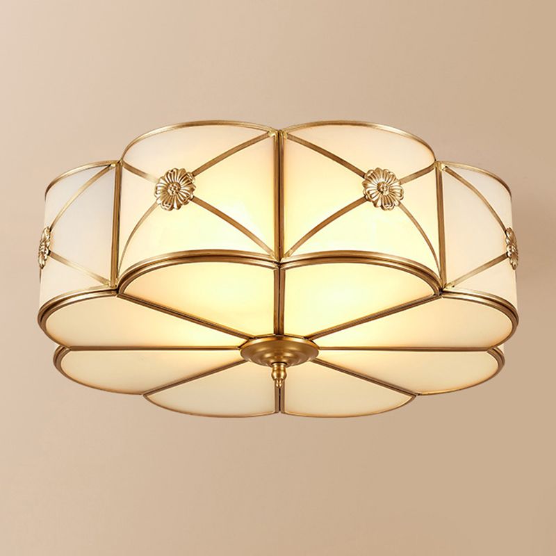 White Frosted Glass Drum Ceiling Light Traditional Rustic Style Brass Lighting Fixture for Bedroom Living Room