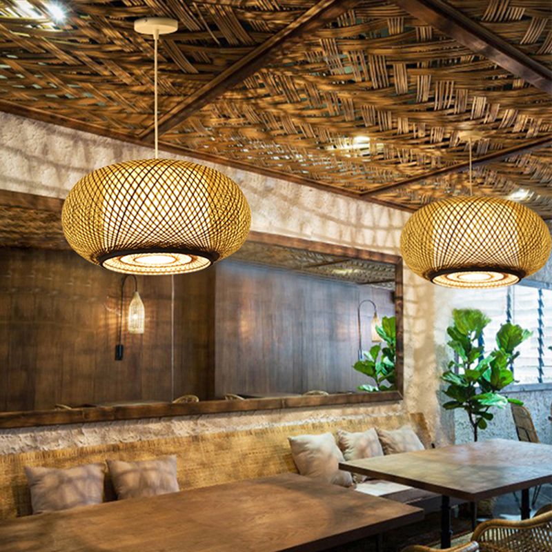 Asia Drum Pendant Light 1-Light Beige Hanging Ceiling Light for Dining Room