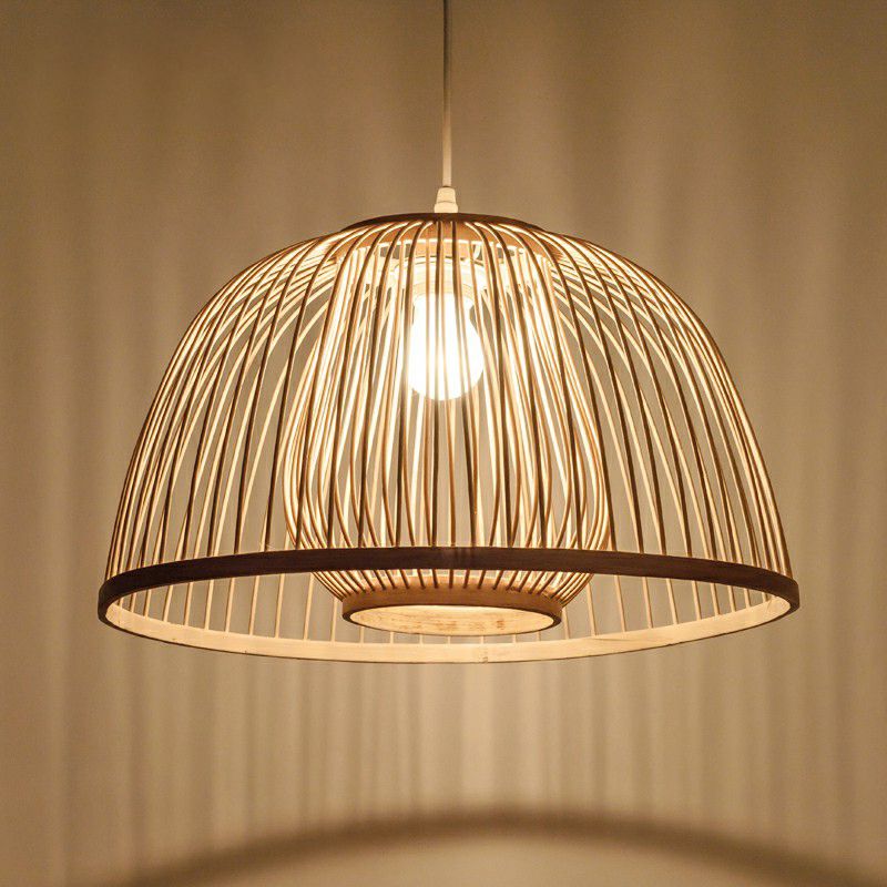 Wood Domed Ceiling Hang Light Modern 1 Head Bamboo Suspension Lamp with Cage Inner