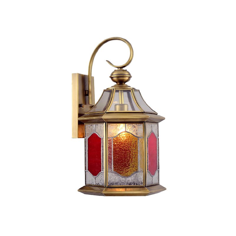 Red Glass Suspended Sconce Lamp Arab 1-Bulb Balcony Wall Mount Light with Curved Arm