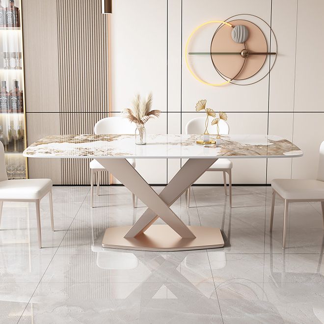 Glam Stone Rectangle Dining Table Metal Base for Dining Room