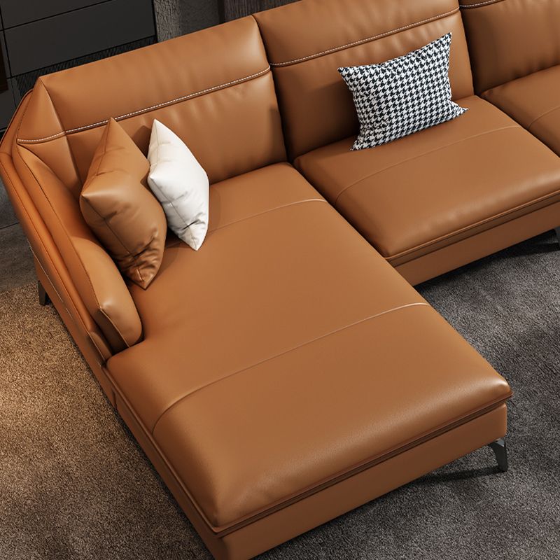 Sloped Arms Genuine Leather Sectional Sofa 35.43"High Cushion Back Sofa, Dark Brown