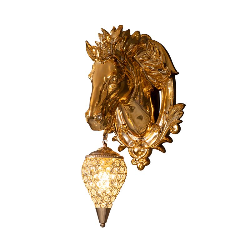 Brass Horse Sconce Light Vintage 1 Light Resin Wall Mount Light with Ice Cream Metal and Crystal Shade, 9.5"/12" Wide