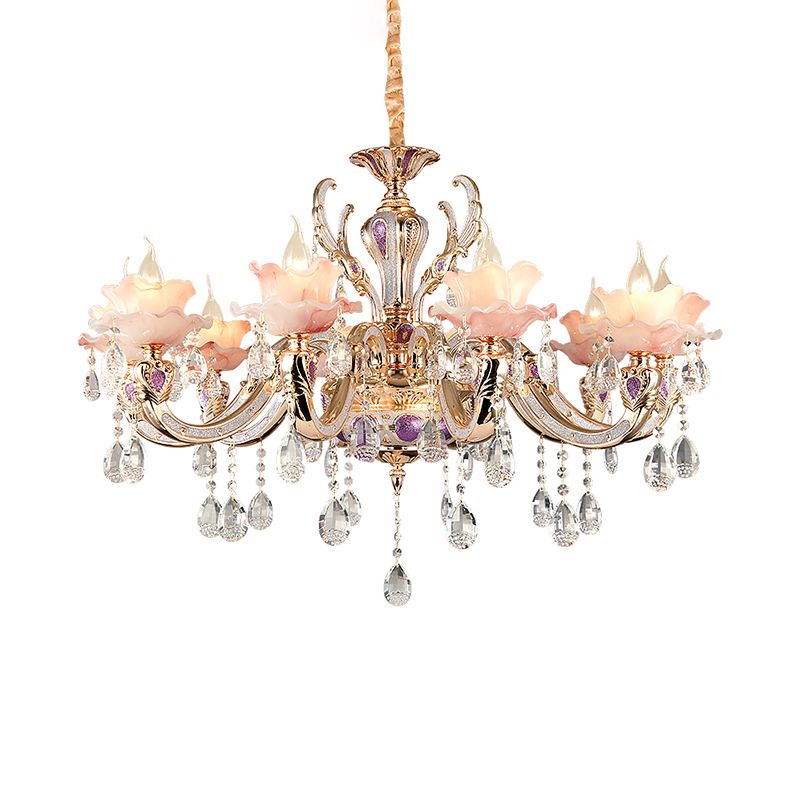Pinde Ruffle Floral Light Light Retro Retro Opaque Glass Living Room Pendant Light avec cristal suspendu