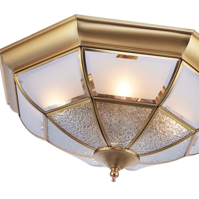 3/4-Light White Glass Semi Flush Colonialist Brass Inverted Living Room Close to Ceiling Lighting, 16"/19.5" W
