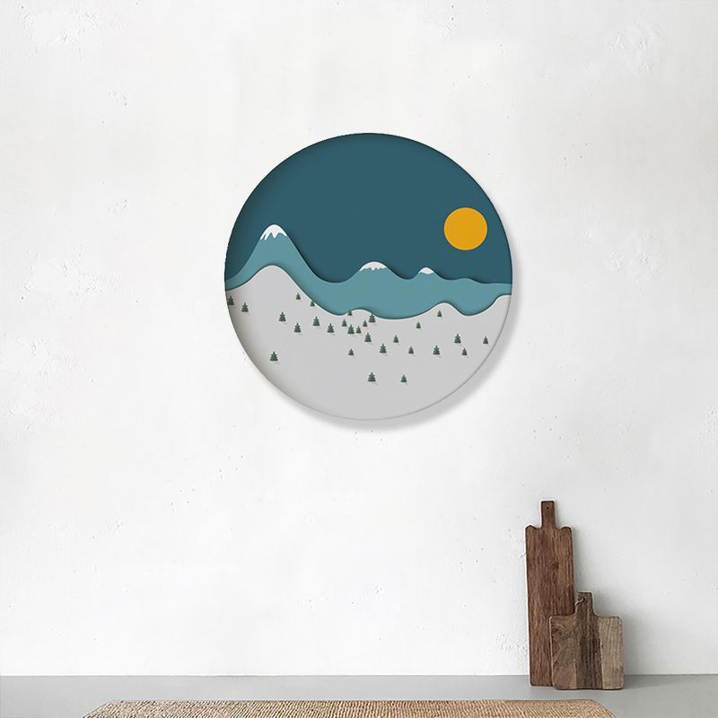 Mountain Forest Canvas House Interior Illustration Landscape Painting in Blue, Textured