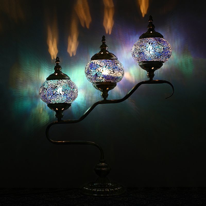 3 Heads Stained Glass Night Light Mediterranean Red/Orange/Blue Tower Bedroom Table Lamp with Step Design