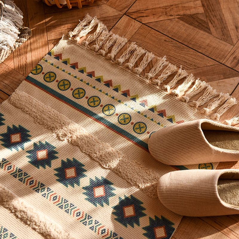 Bohemian Americana Rug Khaki Tone Cotton Blend Rug Washable Carpet with Fringe for Home Decor