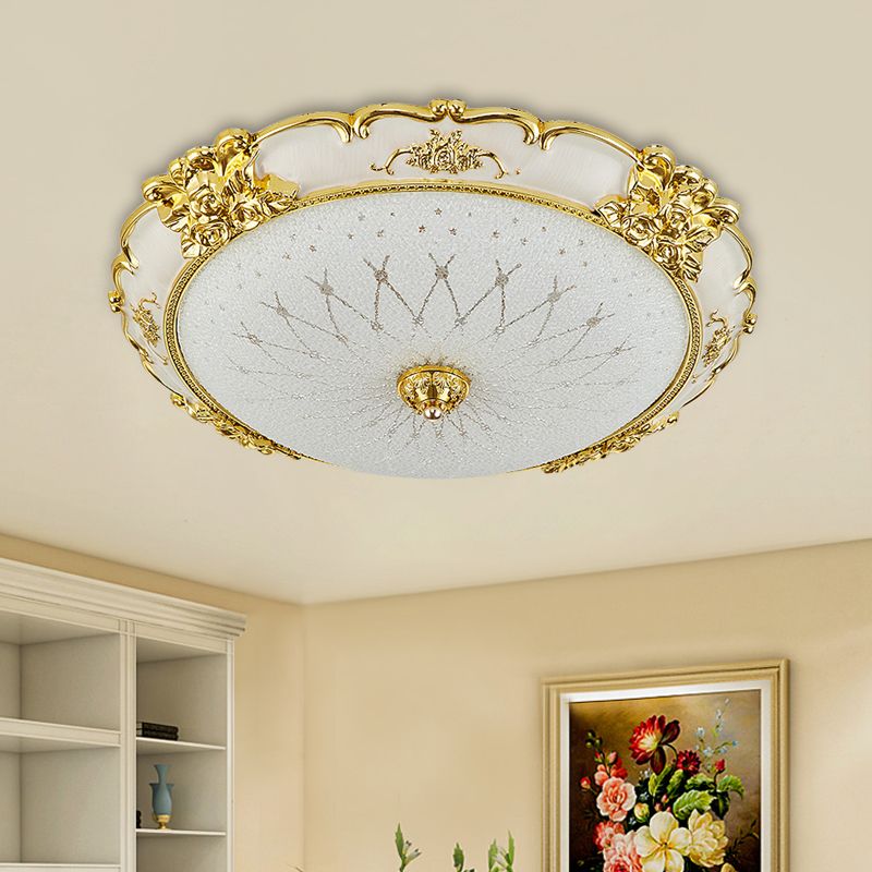 Circular Dining Room Flush Light Vintage Frosted Glass LED Gold Ceiling Mounted Fixture with Etching Flower Trim, 14"/16" Wide