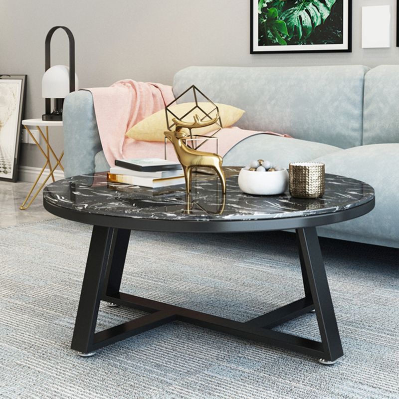 Glam Cross Legs Coffee Table Faux Marble Round Cocktail Table