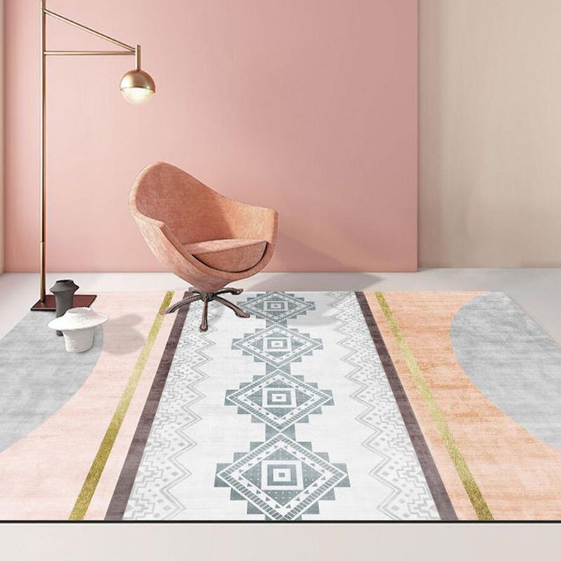 White Geometric Scheme Rug Polyester Casual Rug Washable Rug for Living Room