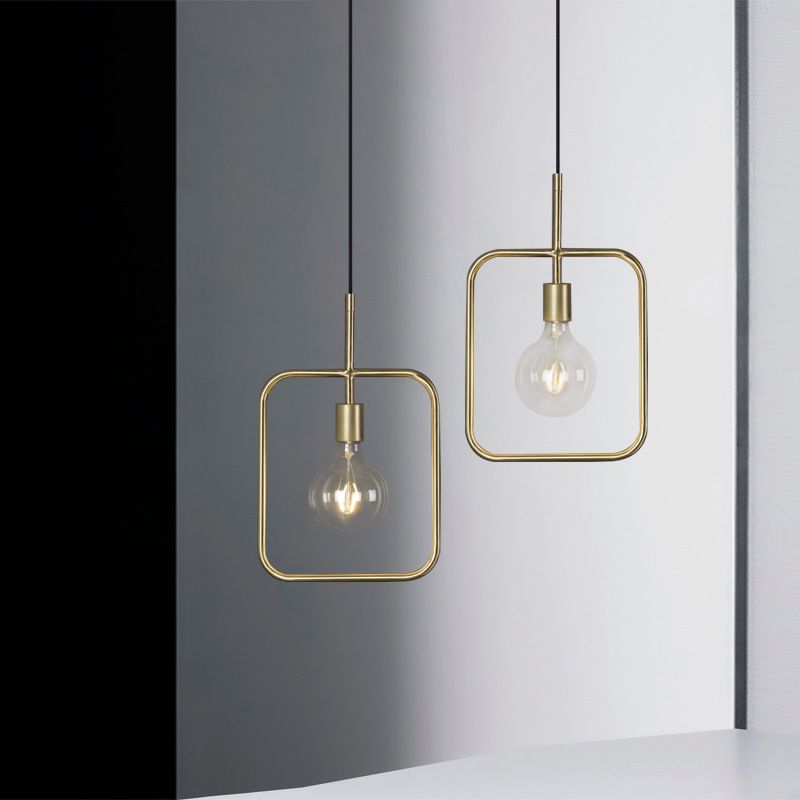 Exposed Bulb Pendant Light Fixture Contemporary Metal 1 Light Gold Square Skeleton Hanging Ceiling Light