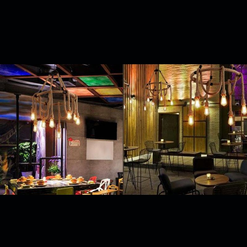 Araña de cáñamo de estilo industrial múltiples luces múltiples accesorio de iluminación de diseño de bomba abierta vintage