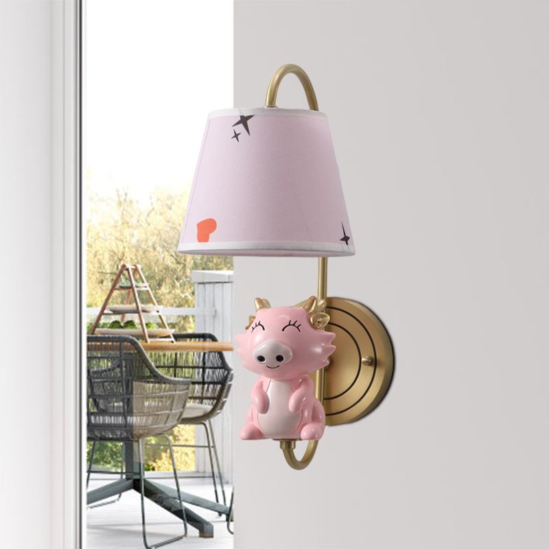 Barrel Applexion luminaire Kids Tissu Fabric Single Head Gold Wall Éclairage avec dessin animé cochon / souris / Dragon Decoration
