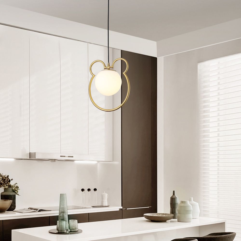 Nordic Minimalism Little Bear Lines Frame Hanging Light with White Glass Ball Shade Mini Pendant Fixtures for Bedside