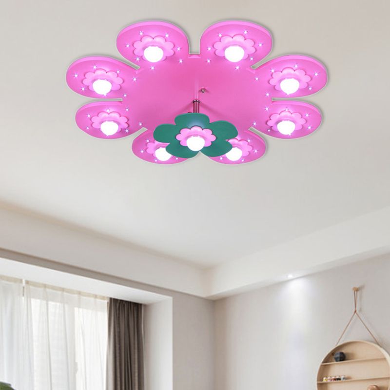 9 Lights Flower Flush Ceiling Light Kids Wood Ceiling Lamp for Nursing Room Girl Bedroom