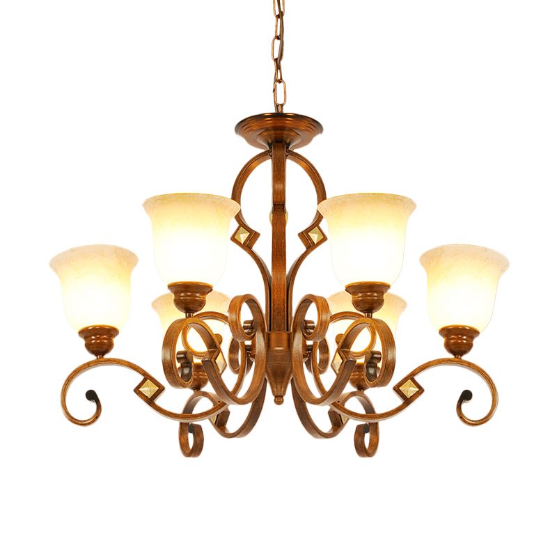 Braccio curvo per camera da letto lampadario in metallo rurale 6 lampadine bulbi brown sospeso con tonalità di vetro opale a campana