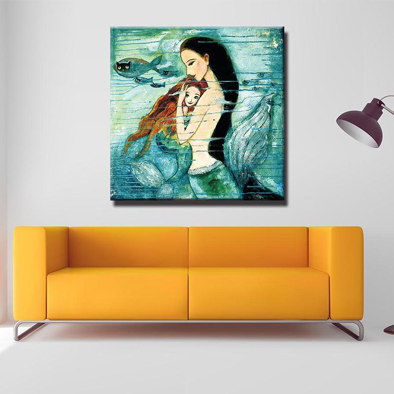 Fantasy Wall Art Kids Style Myth Mermaid Drawing Canvas Print in Green for Home