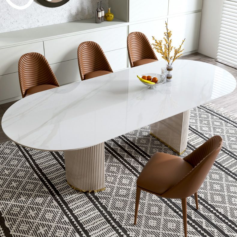 Ovale dubbele voetstuk glamour eettafel witte tint vaste tafel met gesinterde steen