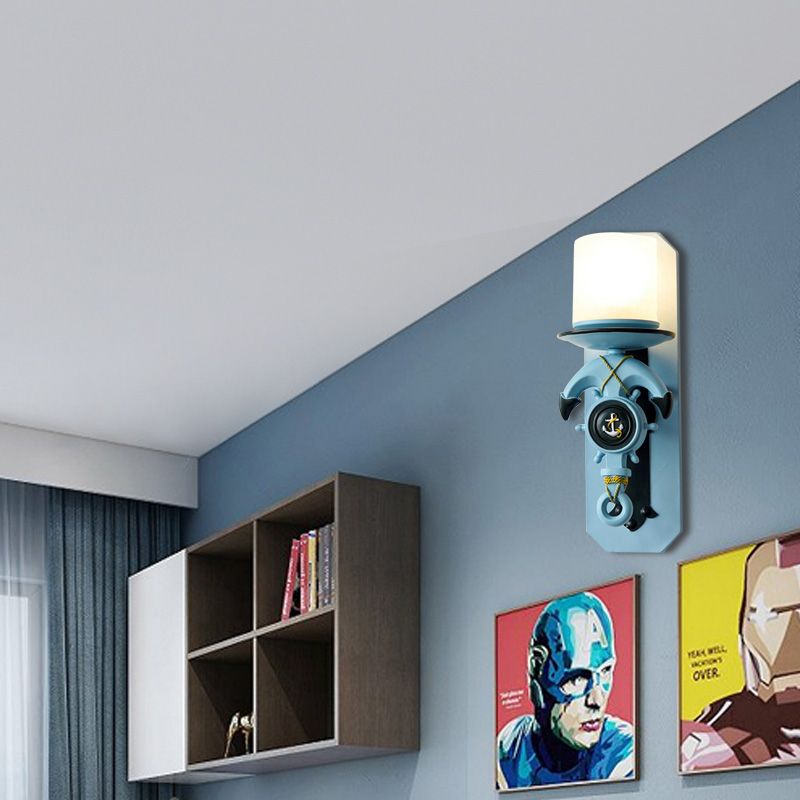 1 Head Indoor Wall Sconce Lamp Nautical Style Blue/White Wall Lighting with Cylinder Opal Glass Shade and Anchor Design