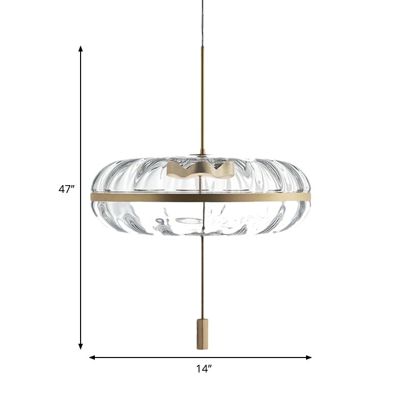 Clear Ribbed Glass Doughnut Pendant Post-Modern 1 Head Brass Hanging Light Fixture over Table
