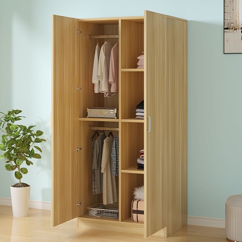 Bedroom Hinged Door Storage Cabinet Manufactured Wood Modern Cabinet with Garment Rod