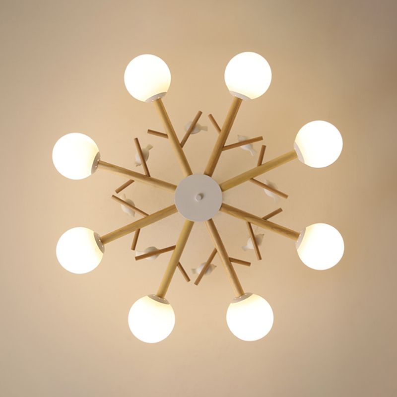 Wood Pendant Light Nordic Style Chandelier Lamp Fixture with Ball Glass Shade