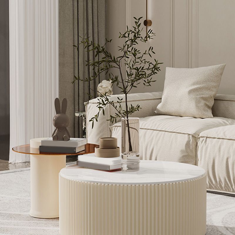 Round Slate Top Coffee Table Glam Drum Coffee Cocktail Table