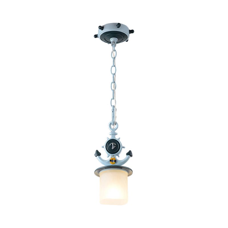 Coastal Column/Flared Pendant Light Frosted Glass 5"/13" W 1 Bulb Bedside Ceiling Lamp with Anchor Design in Blue