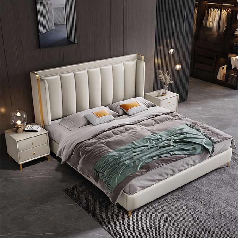 Contemporary Wingback Bed with Upholstered Headboard, 51" Tall Solid Color Bed