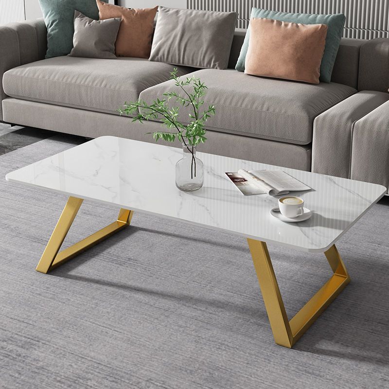 Glam Coffe Table with Rectangle Stone Top and Sled Iron Legs