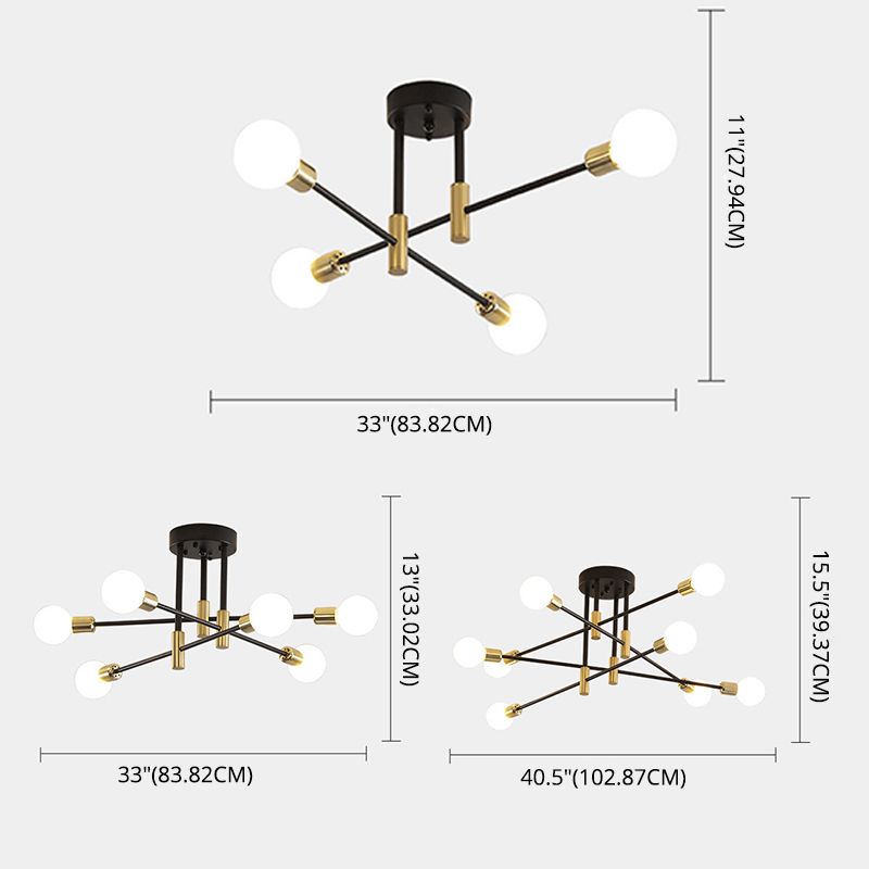 Black Sputnik Flush Mount Industrial Metal Semi Ceiling Light Fixture for Living Room