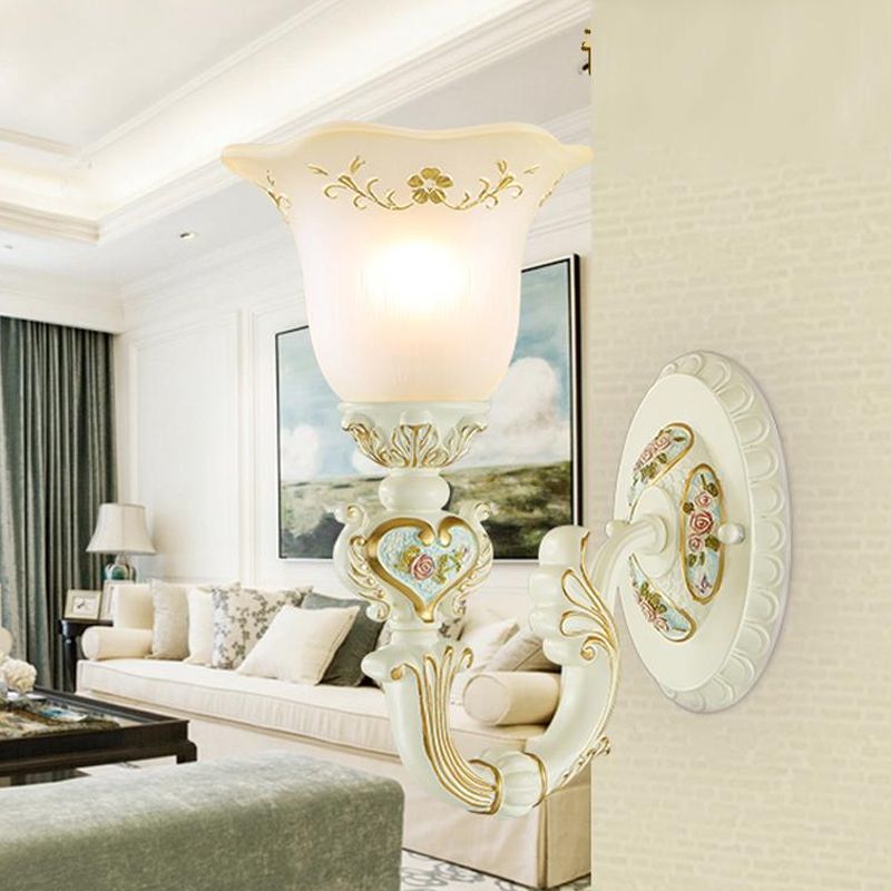 1-Light Wall Mount Lamp Retro Flower Frosted Glass Sconce Light with Carved Arm in White for Porch