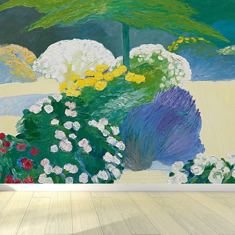 Green Colored Flowers Mural Wallpaper Stain Resistant Wall Covering for Dining Room