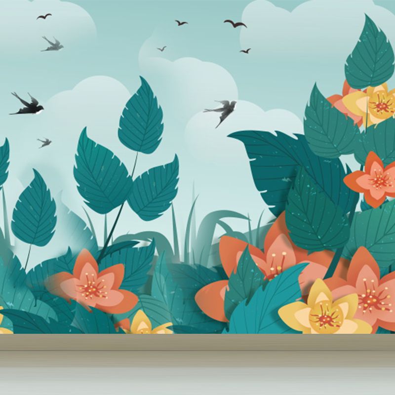 Turquoise Birds and Botanical Mural Moisture Resistant Tropical Bathroom Wall Covering