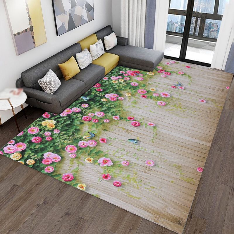 Modern Living Room Area Carpet Plant Pattern Polyester Area Rug Anti-Slip Washable Rug