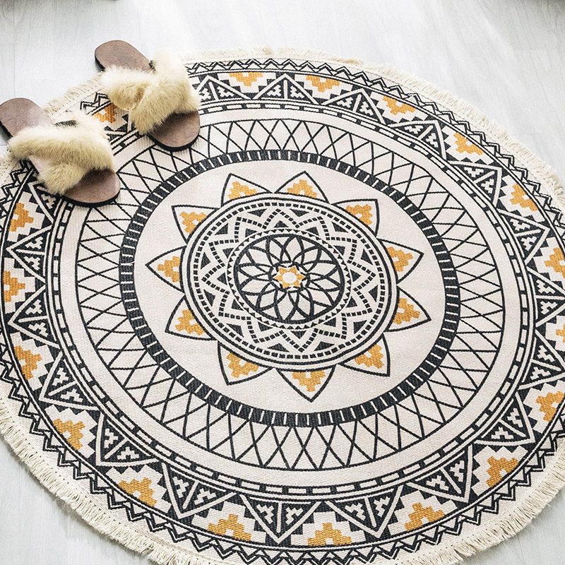 Multi Colored Tribal Patterned Rug Cotton Blend Ethnic Area Rug Easy Care Hand Woven Carpet with Tassel for Bedroom