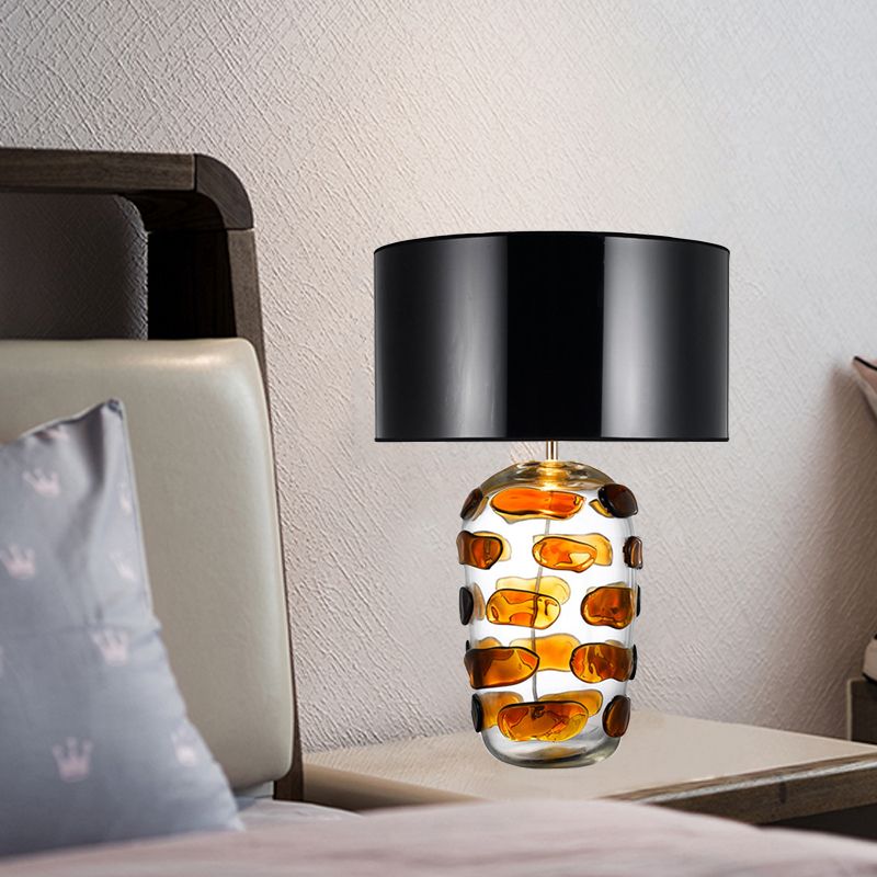 Yellow/Blue Jar Nightstand Light Modern 1 Bulb Clear Glass Desk Lamp with Drum Black/White Fabric Shade